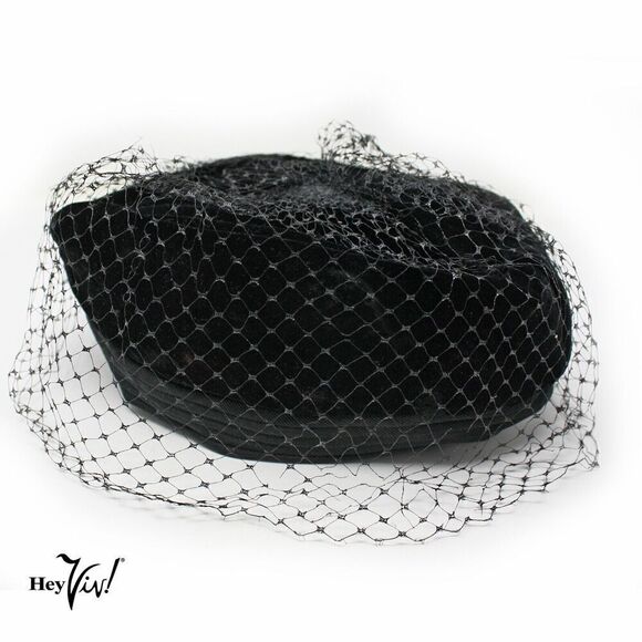 Vintage Black Velvet Hat Pillbox Turban Cocktail Style w Veil Union Tag -Hey Viv - Picture 6 of 7